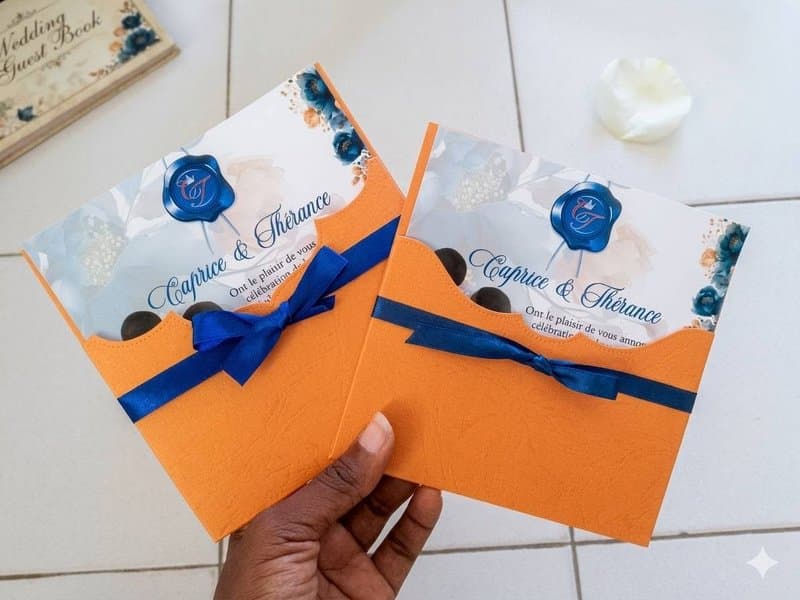 Faire-part pochette orange vif avec ruban et cachet de cire bleu roi