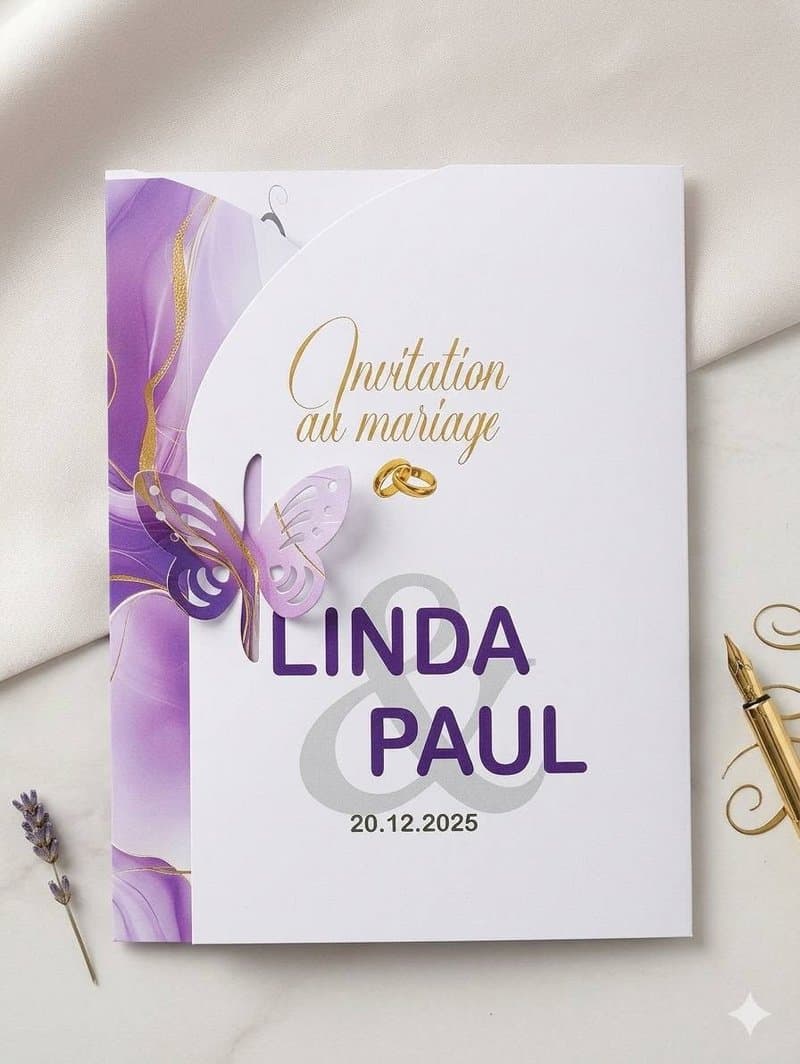 Invitation de mariage aquarelle violette avec papillon en relief et dorure