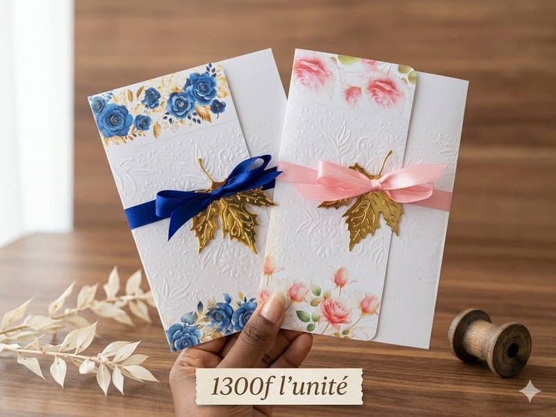 Faire-part blancs gaufrés ornés de fleurs, feuilles dorées et rubans satin bleu et rose