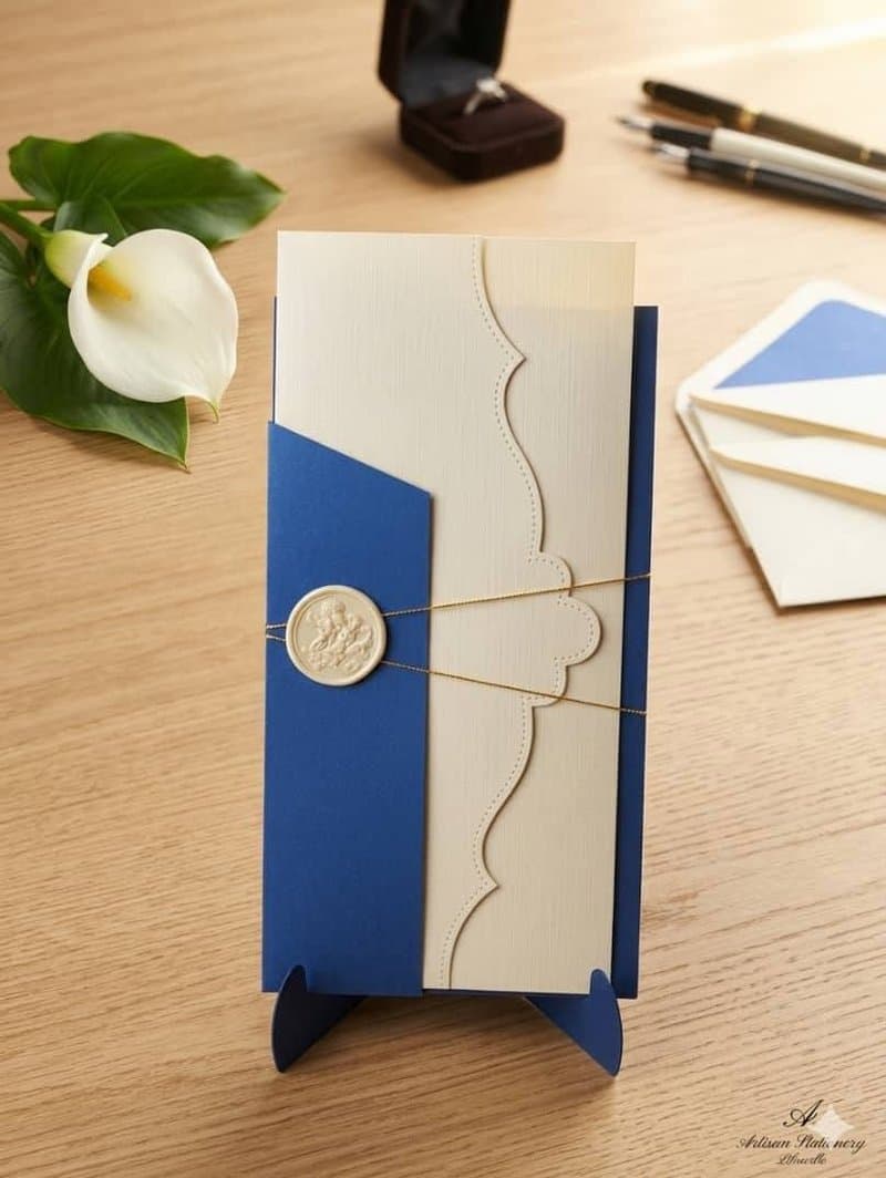 Pochette bleu roi et ivoire fermée d'un cachet de cire et de ficelle dorée