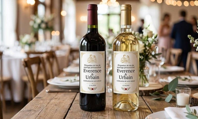 Bouteilles de vin habillées d'étiquettes de mariage personnalisées