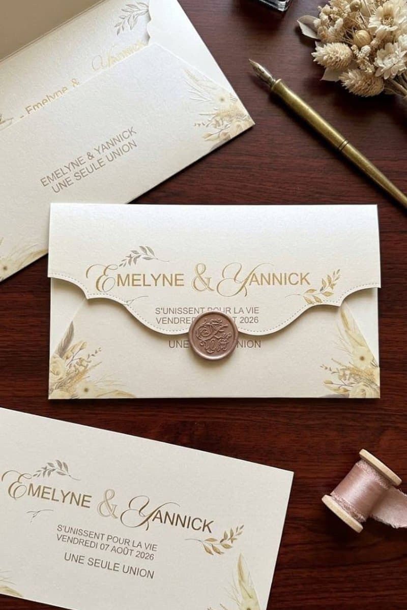 Faire-part ivoire calligraphié fermé d'un sceau doré